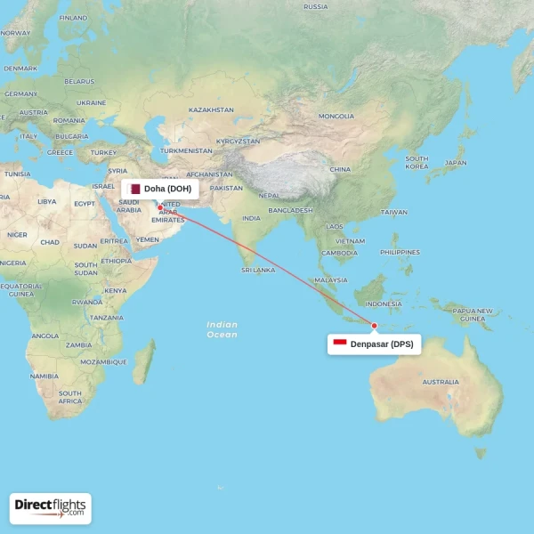 Doha - Denpasar direct flight map