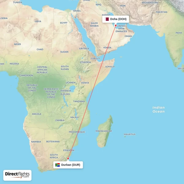 Doha - Durban direct flight map