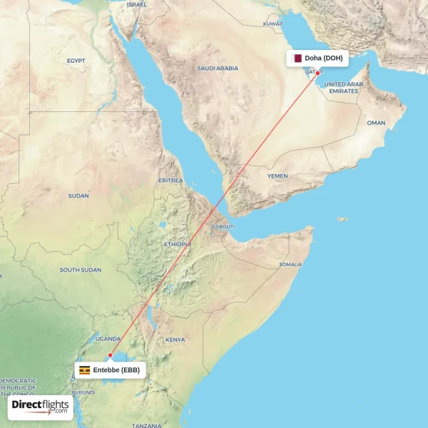 Doha - Entebbe direct flight map