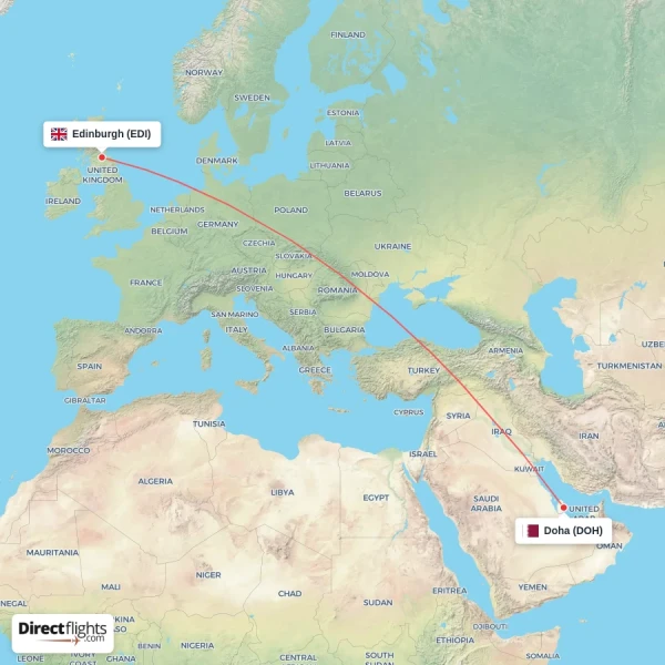 Doha - Edinburgh direct flight map