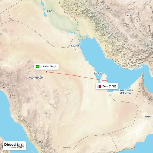 Doha - Gassim direct flight map