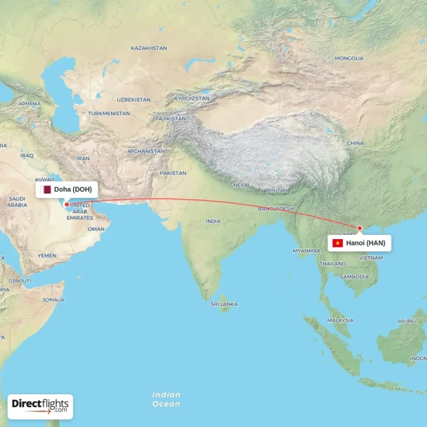 Doha - Hanoi direct flight map