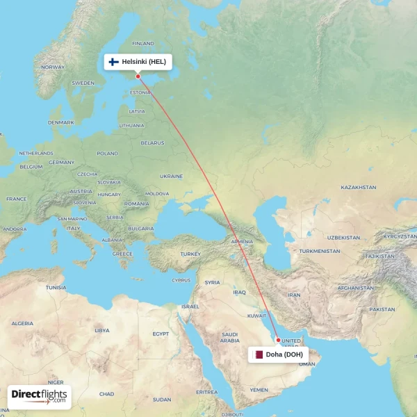 Doha - Helsinki direct flight map