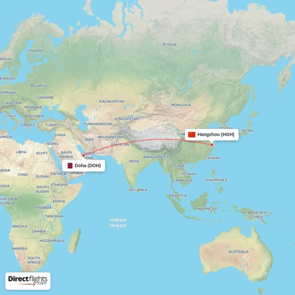 Doha - Hangzhou direct flight map