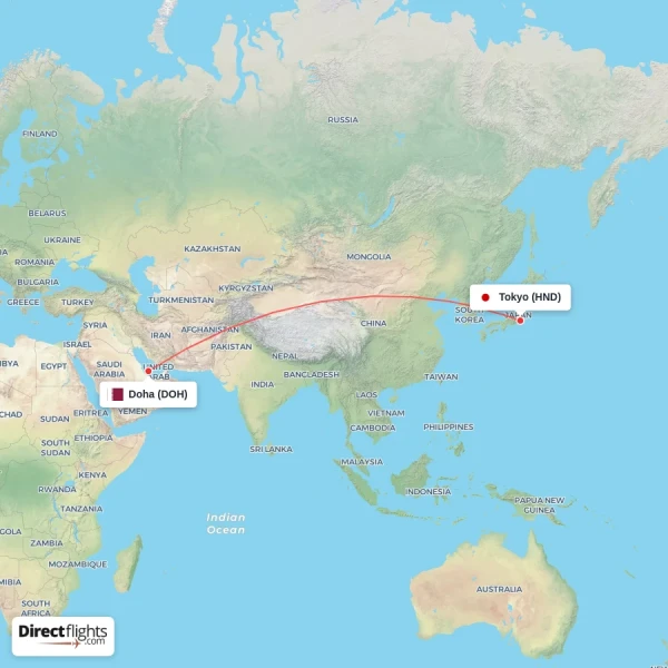 Doha - Tokyo direct flight map