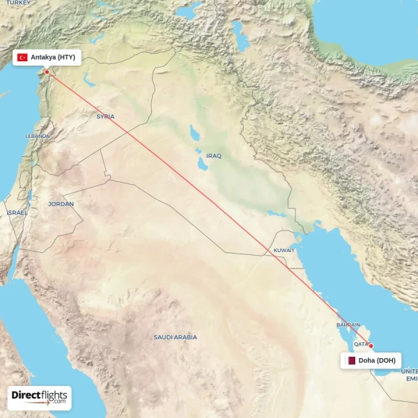 Doha - Antakya direct flight map
