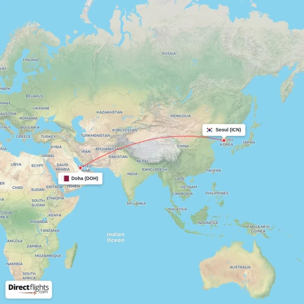 Doha - Seoul direct flight map