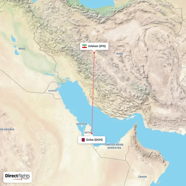 Doha - Isfahan direct flight map