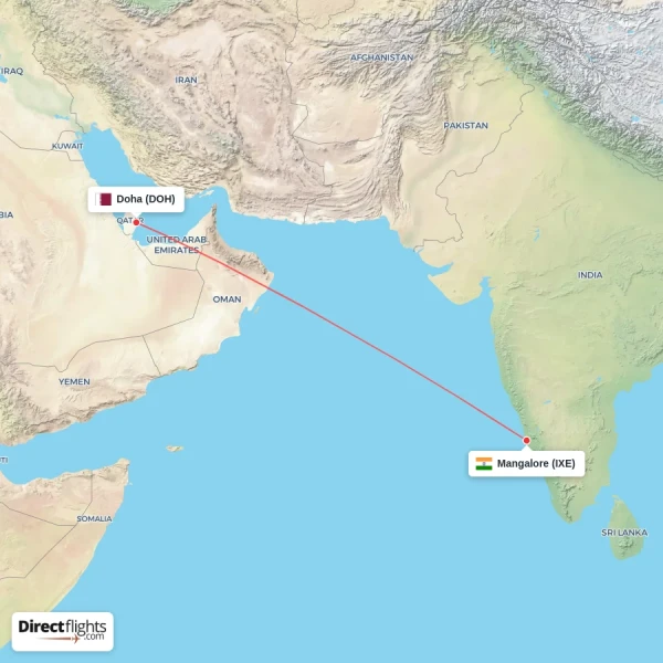 Doha - Mangalore direct flight map