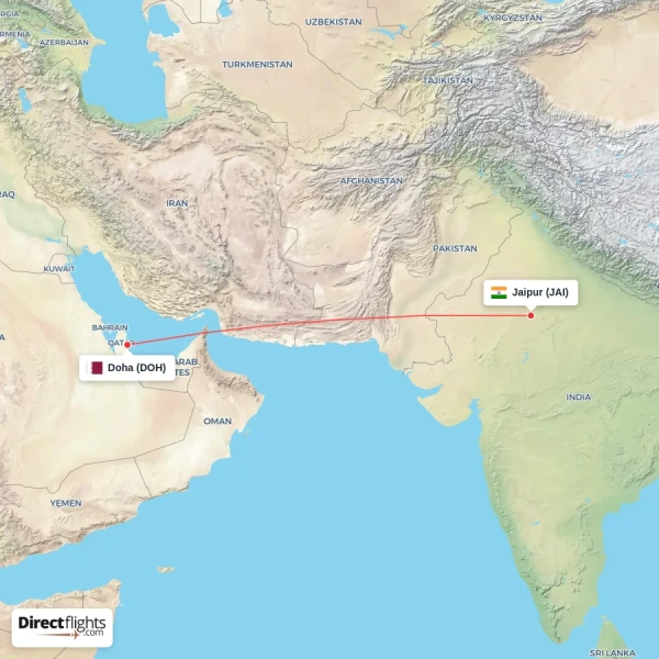 Doha - Jaipur direct flight map