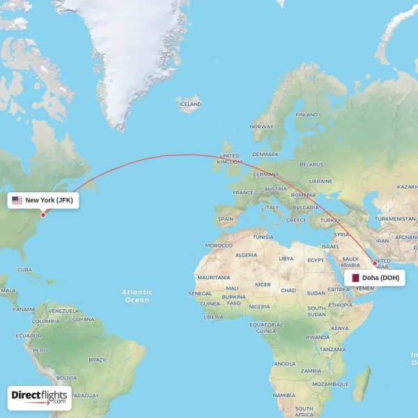 Doha - New York direct flight map