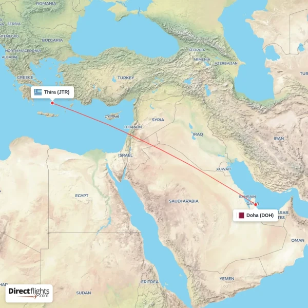 Doha - Thira direct flight map