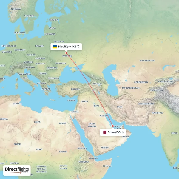 Doha - Kiev/Kyiv direct flight map