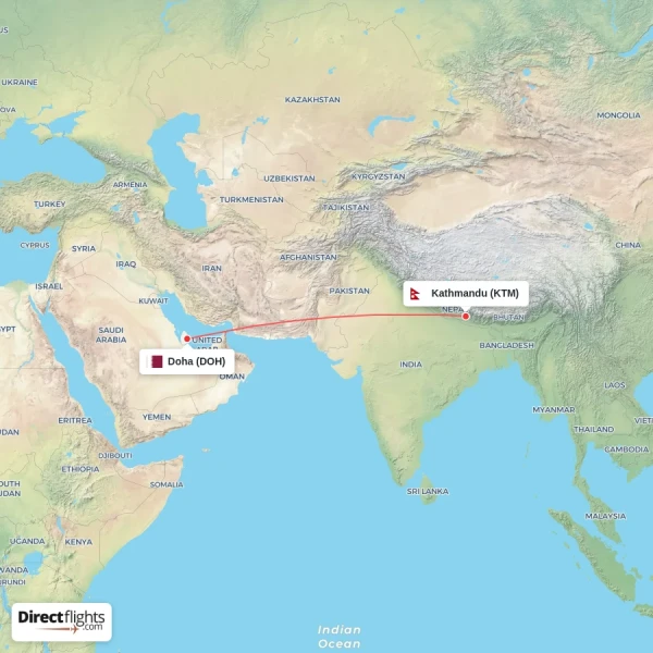 Doha - Kathmandu direct flight map