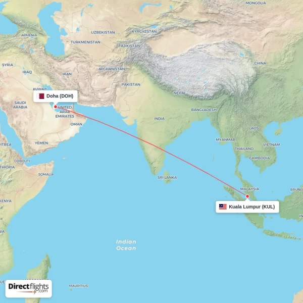 Doha - Kuala Lumpur direct flight map