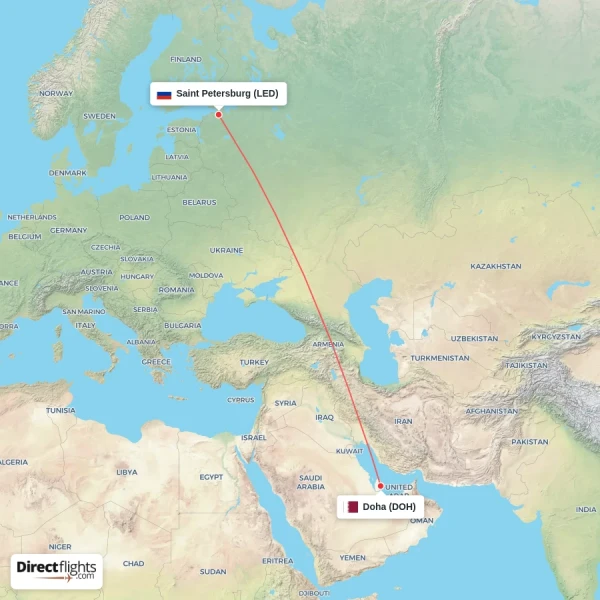 Doha - Saint Petersburg direct flight map