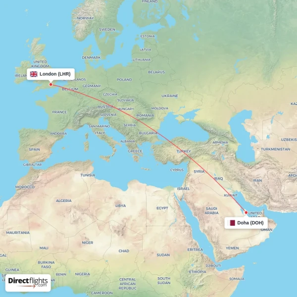 Doha - London direct flight map