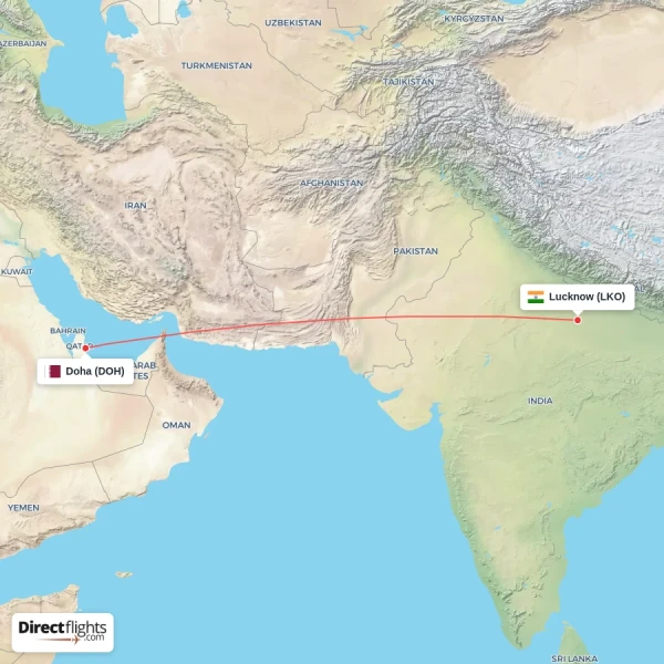 Doha - Lucknow direct flight map