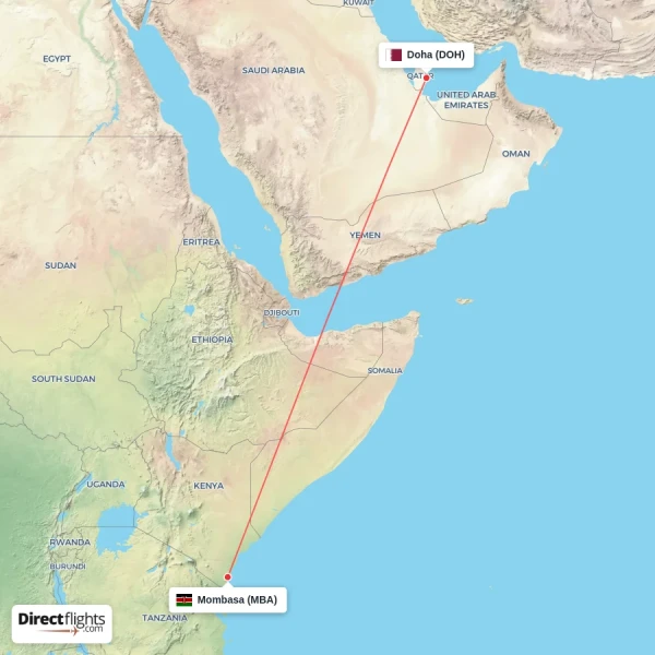 Doha - Mombasa direct flight map