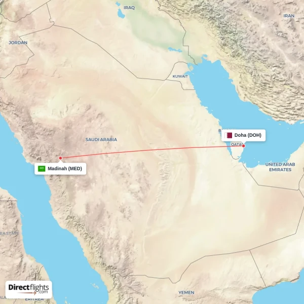 Doha - Madinah direct flight map