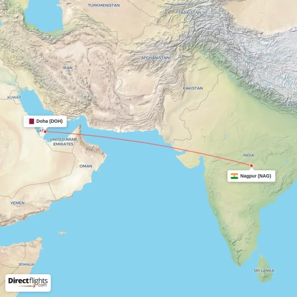 Doha - Nagpur direct flight map