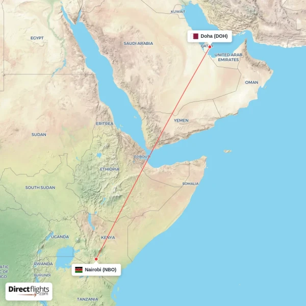 Doha - Nairobi direct flight map