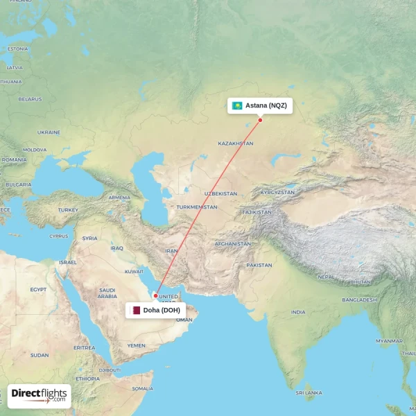 Doha - Astana direct flight map