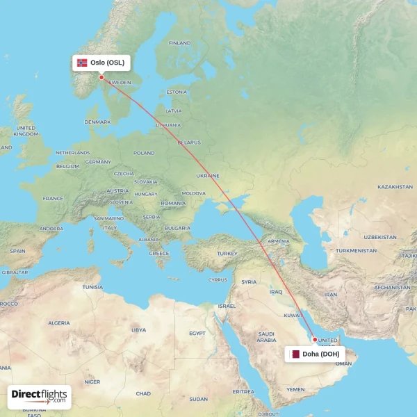 Doha - Oslo direct flight map