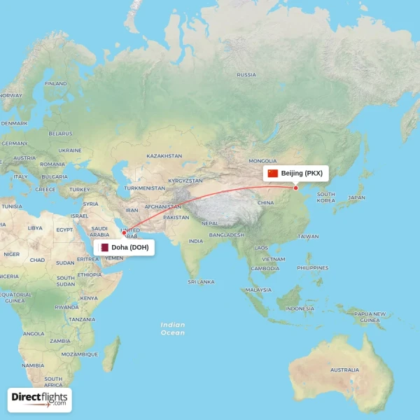 Doha - Beijing direct flight map