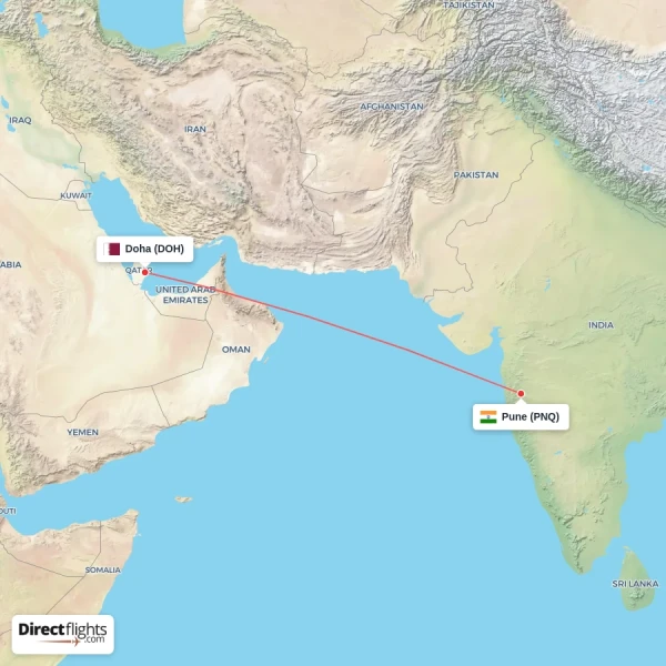 Doha - Pune direct flight map