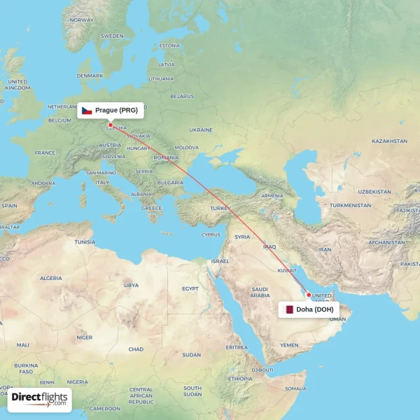 Doha - Prague direct flight map