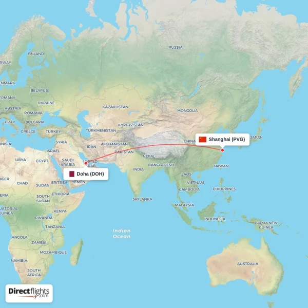 Doha - Shanghai direct flight map