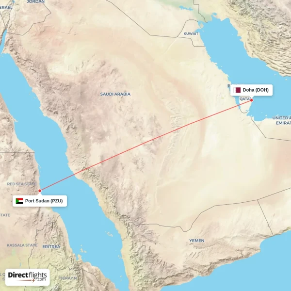 Doha - Port Sudan direct flight map
