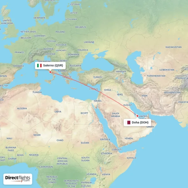 Doha - Salerno direct flight map