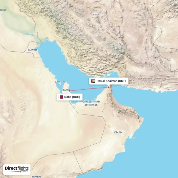 Doha - Ras al-Khaimah direct flight map