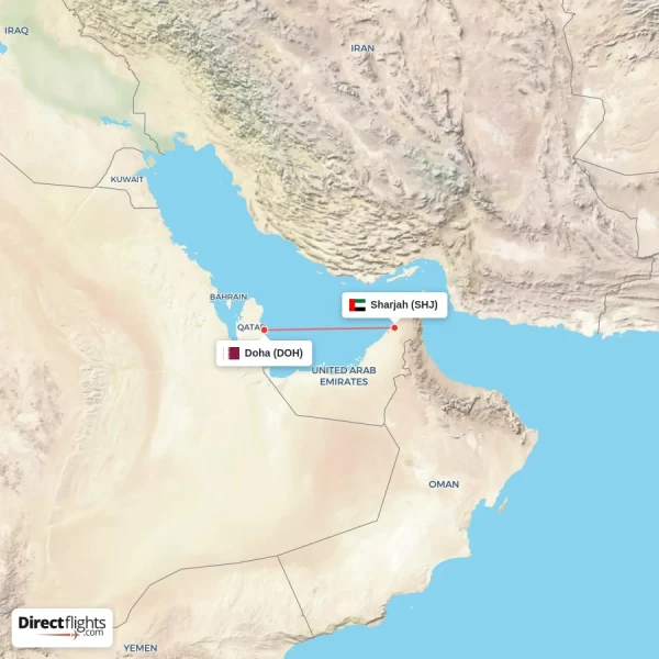 Doha - Sharjah direct flight map