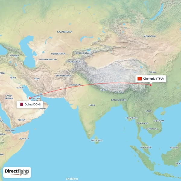 Doha - Chengdu direct flight map