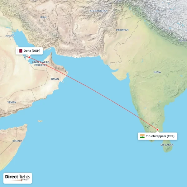 Doha - Tiruchirappalli direct flight map
