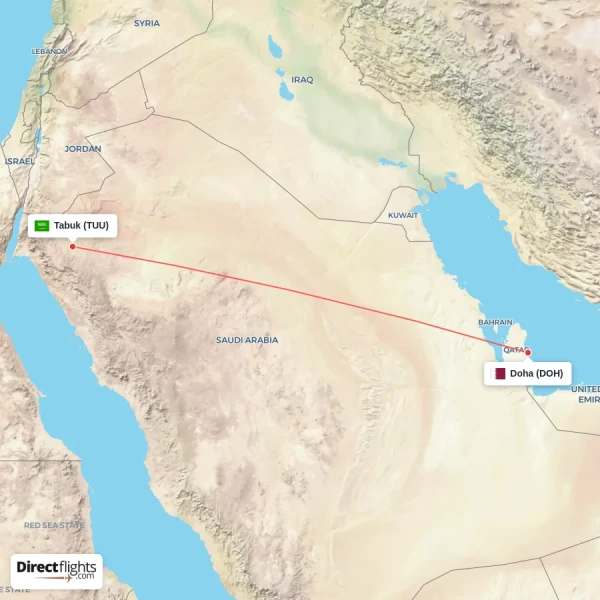 Doha - Tabuk direct flight map