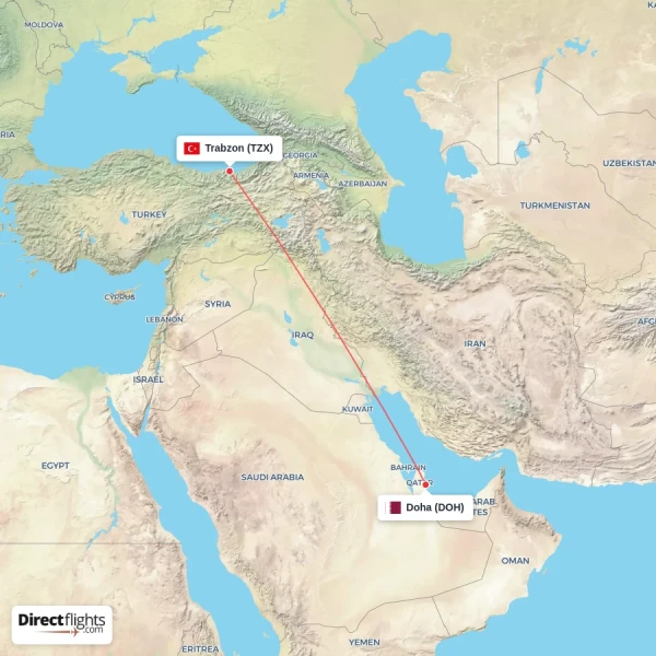 Doha - Trabzon direct flight map