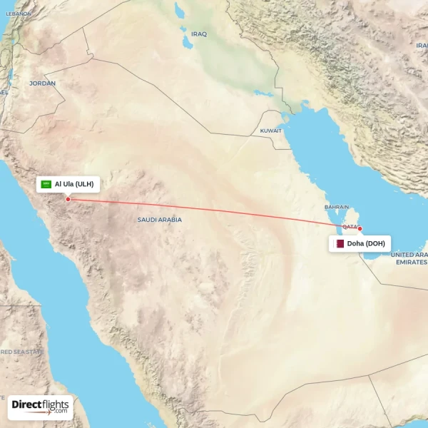 Doha - Al Ula direct flight map