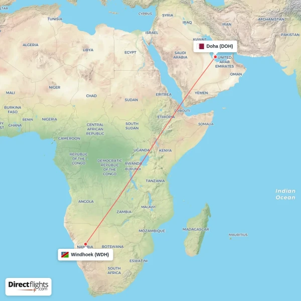 Doha - Windhoek direct flight map