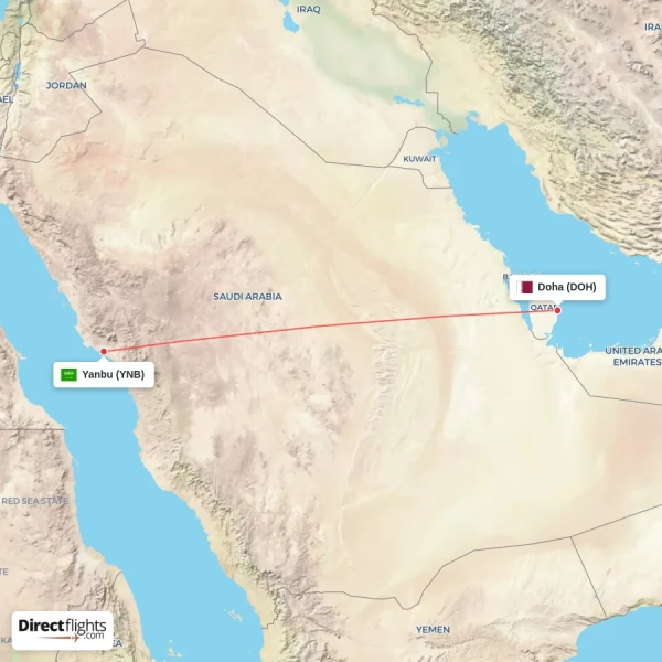 Doha - Yanbu direct flight map
