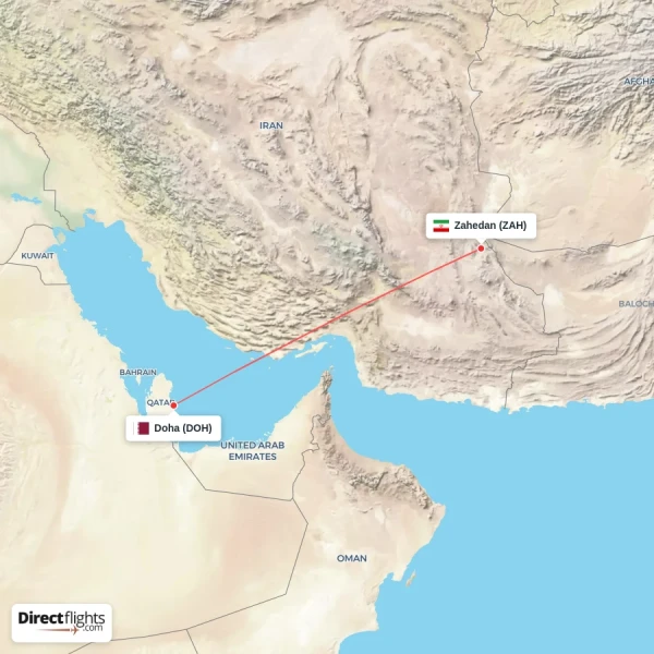 Doha - Zahedan direct flight map