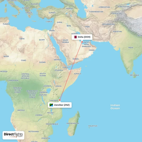 Doha - Zanzibar direct flight map
