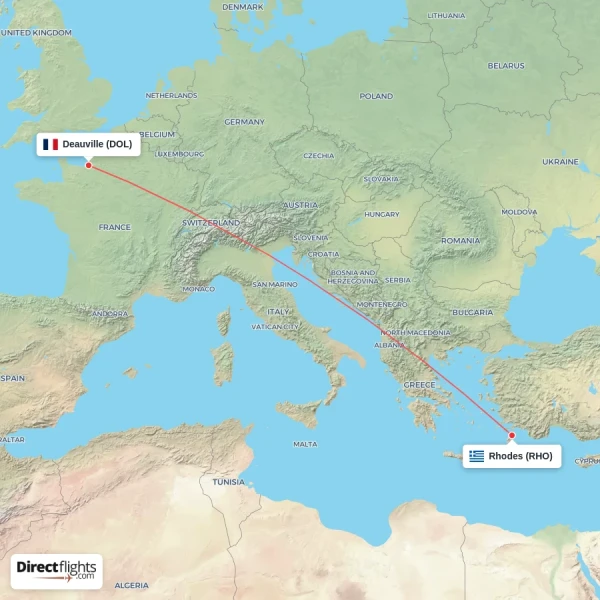Deauville - Rhodes direct flight map