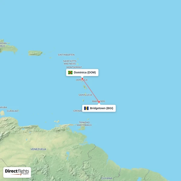 Dominica - Bridgetown direct flight map