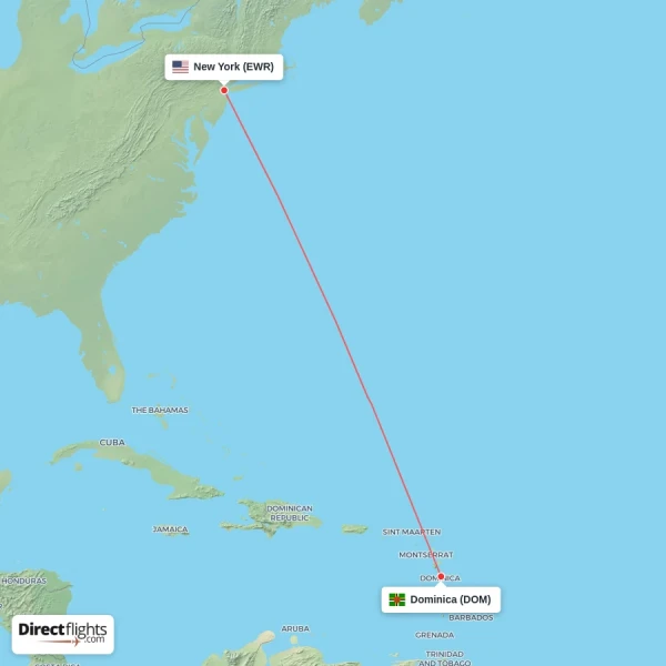 Dominica - New York direct flight map