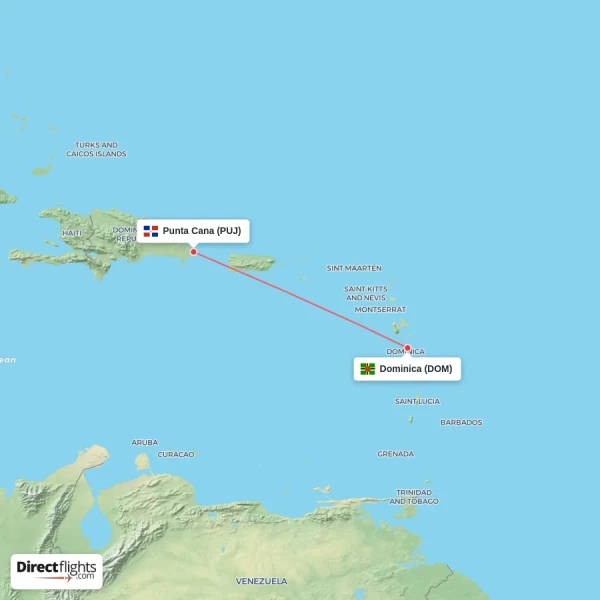 Dominica - Punta Cana direct flight map