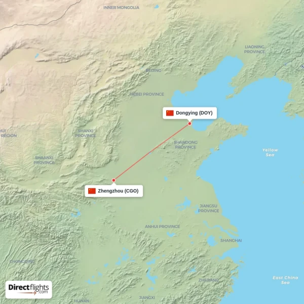 Dongying - Zhengzhou direct flight map
